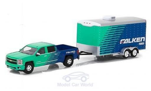Miniature Chevrolet Silverado 1/64 Greenlight verte/bleue Falken Tire 2015 mit Anhänger Chevrolet Silverado 1/64 Greenlight verte/bleue Falken Tire 2015 mit Anhänger miniature