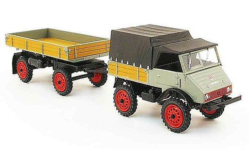 Mercedes Unimog 401-404 1/43 Schuco 401 grise avec Muller avecteltal Anhanger miniature
