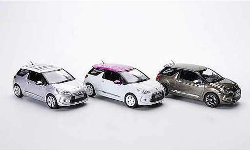 DS Automobiles DS3 Berline 1/43 Norev 3er-Set: blanche/Flower - grise/Grafic Art et oliv/Falvio 2012 miniature