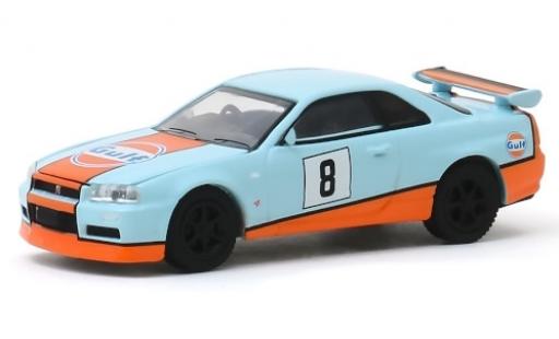 Nissan Skyline 1/64 Greenlight GT-R (BNR34) bleue/blanche RHD Gulf 2001 No.8 miniature