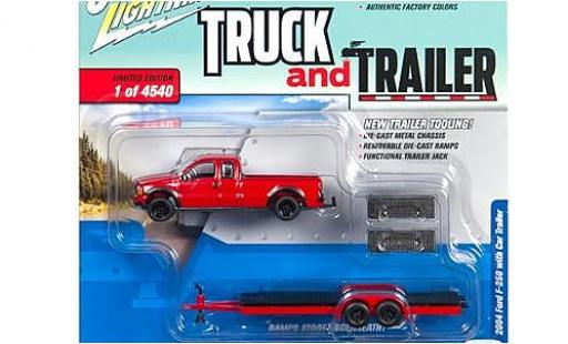 Miniature Ford F-250 1/64 Johnny Lightning rouge 2004 avec Flatbed remorque sans Vitrine Ford F-250 1/64 Johnny Lightning rouge 2004 avec Flatbed remorque sans Vitrine miniature