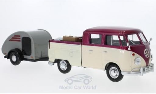 Miniature Volkswagen T1 B 1/24 Motormax Doppelkabine metallise rouge/beige mit Surfboard und Teardrop-Anhänger Volkswagen T1 B 1/24 Motormax Doppelkabine metallise rouge/beige mit Surfboard und Teardrop-Anhänger miniature