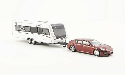 Porsche Panamera Base 1/87 Schuco rouge avec Hymer Nova S690 Wohnanhanger miniature