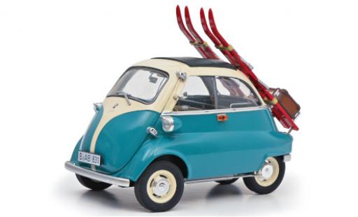 Miniature Bmw Isetta 1/18 Schuco türkis/blanche 1955 avec Heckträger wagon conteneur et Skiern Bmw Isetta 1/18 Schuco türkis/blanche 1955 avec Heckträger wagon conteneur et Skiern miniature