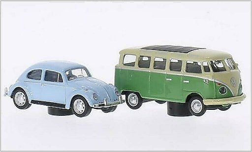 Volkswagen Kafer Base 1/87 Schuco bleu + T1 Samba verte/beige miniature